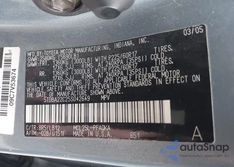 2005 Toyota Sienna Xle Limited z USA, uszkodzony, nr VIN 5TDBA22C25S042649